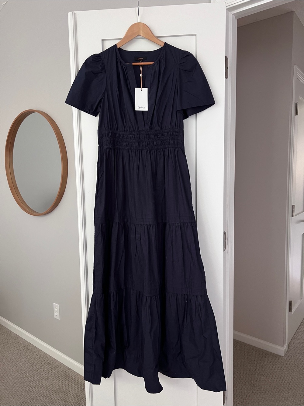 Quince Navy Puff-Sleeve Tiered Maxi Dress